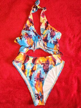 M Women's 1pc Bathing Suit Tie Dye Halter Swimwear Beach Pool Swimming